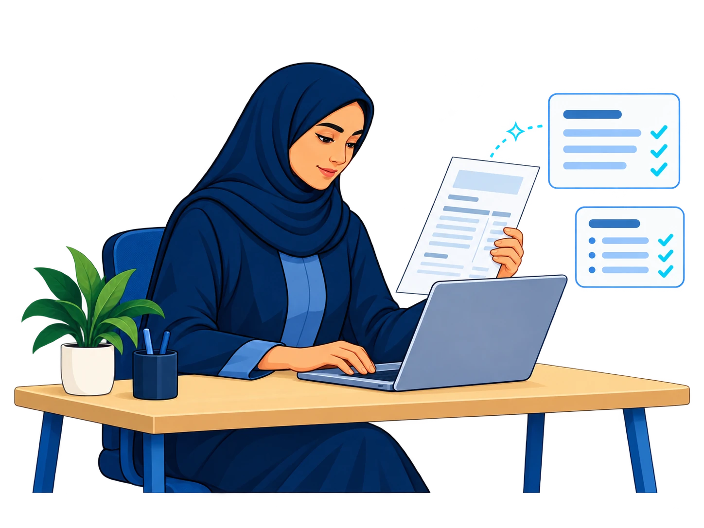 محاسبة تراجع فاتورة مورد بجوار الحاسوب، مع إشارات توضيحية لقراءة البيانات والتحقق منها