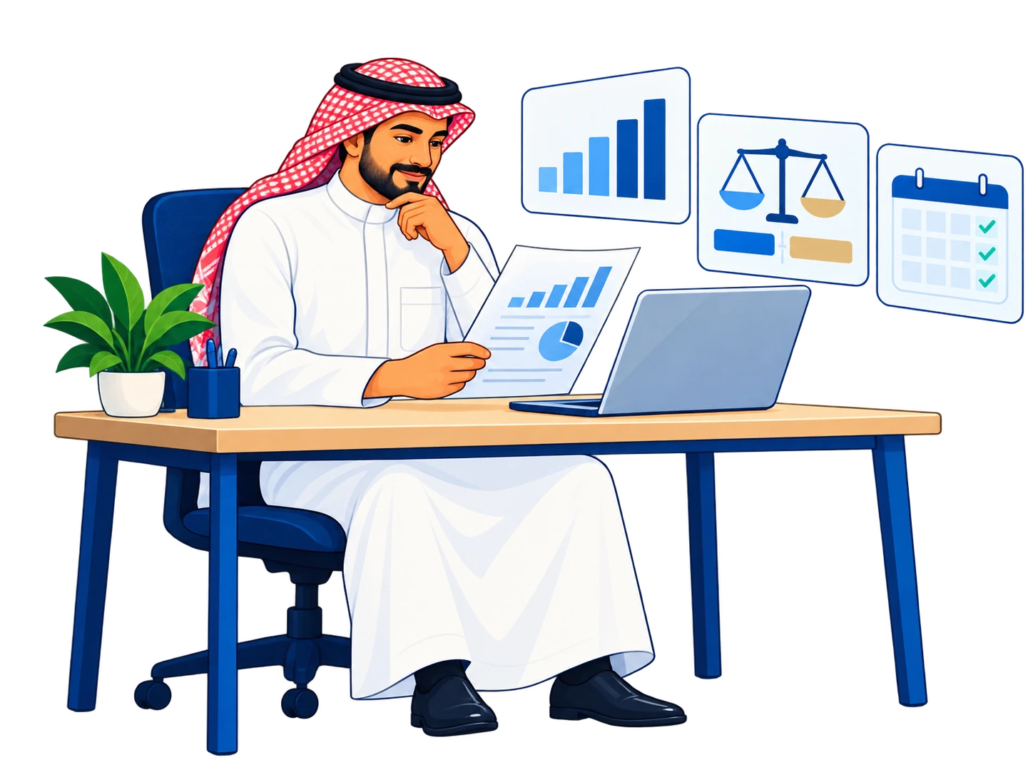 صاحب منشأة يراجع تقريرًا ماليًا بجوار حاسوبه، مع رسوم توضيحية للربح والمركز المالي والمستحقات