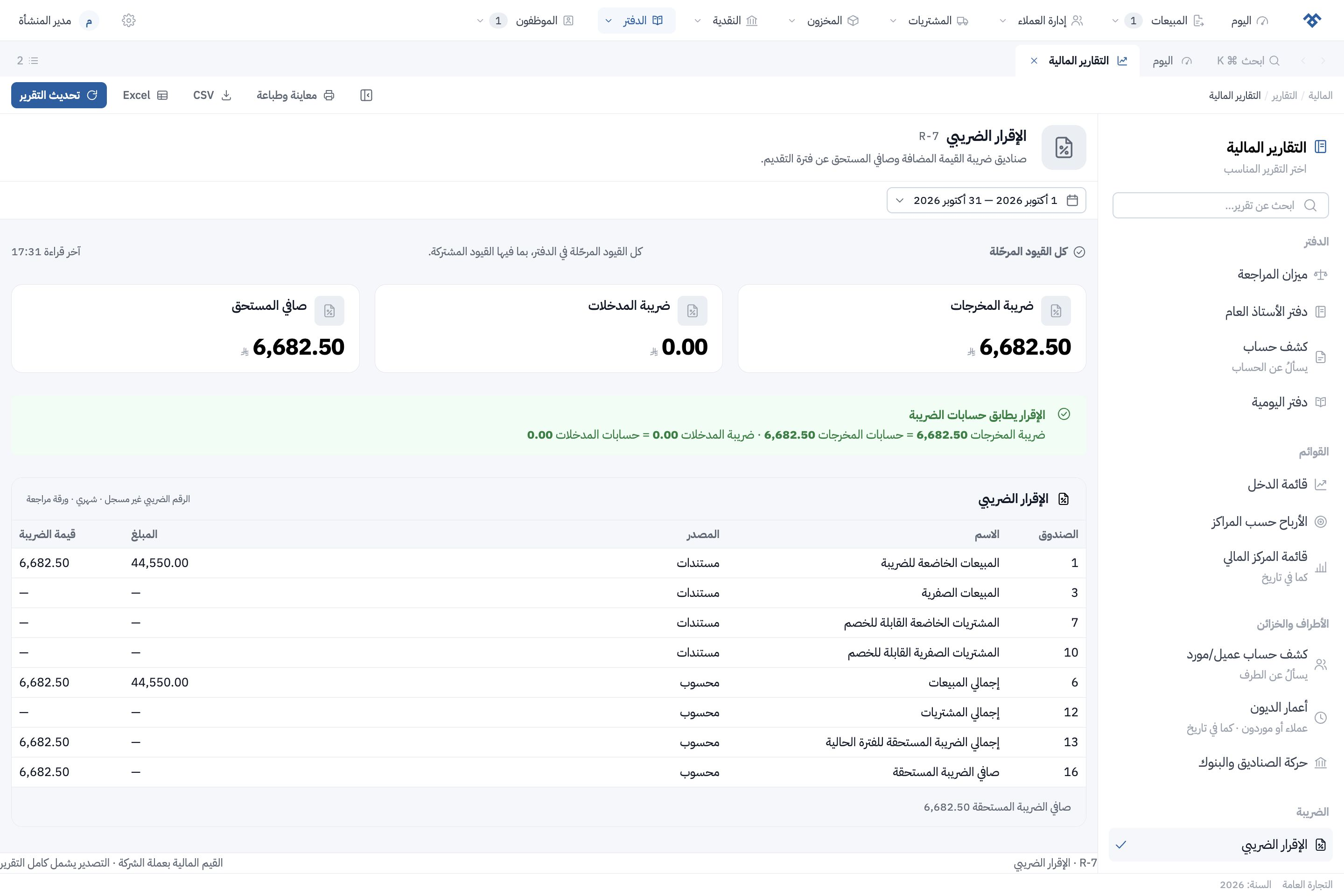 تقرير ضريبة القيمة المضافة في مفيد الحالي، يعرض صناديق الإقرار وضريبة المخرجات والمدخلات وصافي المستحق مع مطابقة الحسابات ببيانات تجريبية